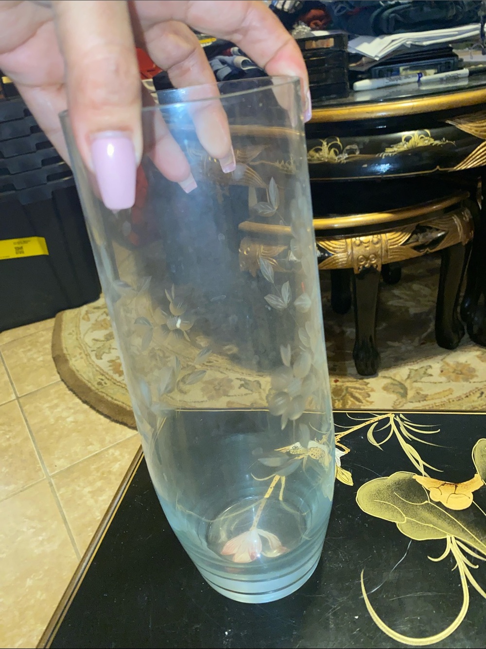Etched Clear Glass Floral Cylinder Vase - Clear - Picture 6 of 6